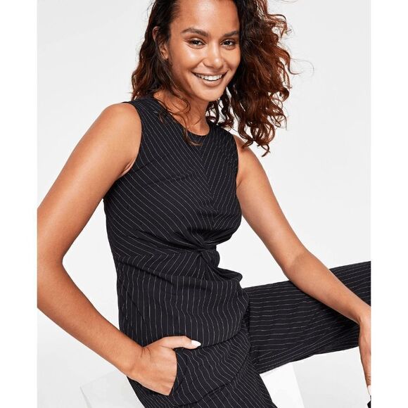 DKNY Pinstripe Sleeveless Twist-Front Business Top SIZE L MSRP $69 NEW WITH TAGS - Picture 2 of 12